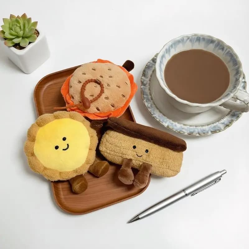 Porte-clés pendentif en peluche série thé de l'après-midi, mignon, simulation de tarte aux œufs, pain, poupée en peluche, sac à dos, pendentif décoratif, cadeaux