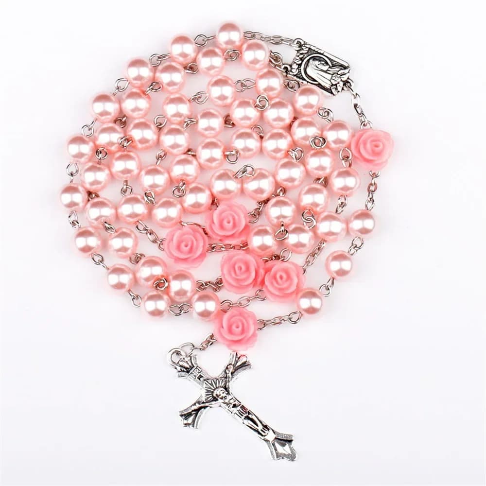 Collier chapelet Rose 6MM pour femmes, perles de verre Rose, chaîne Crucifix croix INRI, pendentif pour hommes, prière religieuse, bijoux longs