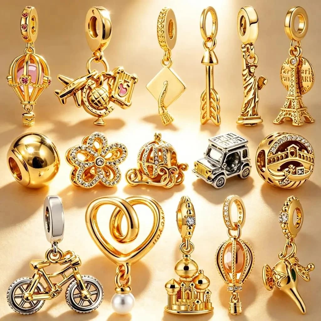 Breloques DIY pour Bijoux : Tour Eiffel Dorée, Statue de la Liberté, Montgolfière, Vélo, Avion – Perles Charm Compatibles avec Bracelets Originaux
