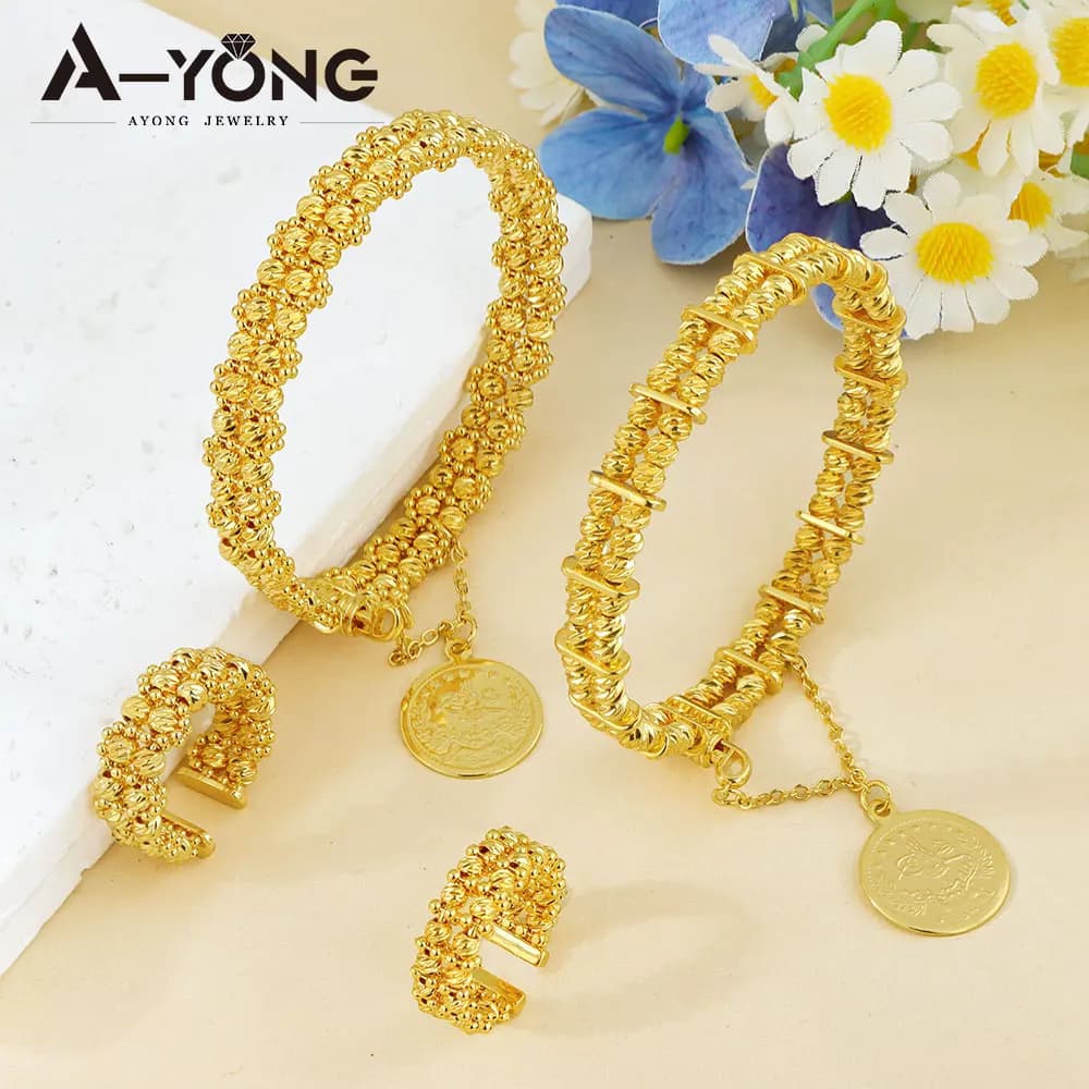 Ensemble de bracelets et bagues en perles de mode arabe, plaqué or 24 carats, Bracelet de mariage de mariée du Nigeria, bijoux de fête rétro pour femmes islamiques de dubaï