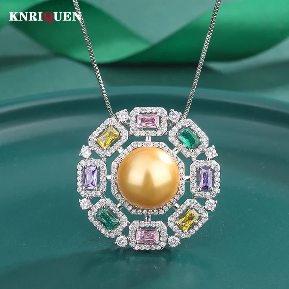 Collier pendentif en or blanc pour femme, grande perle, pierre précieuse, diamants à haute teneur en carbone, bijoux fins de fête, cadeaux des travailleurs, luxe, 14mm