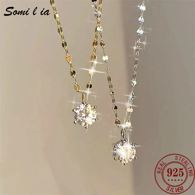 18K plaqué or S925 collier en argent Sterling pour les femmes délicat minimaliste Solitaire rond Cz pierre scintillante
