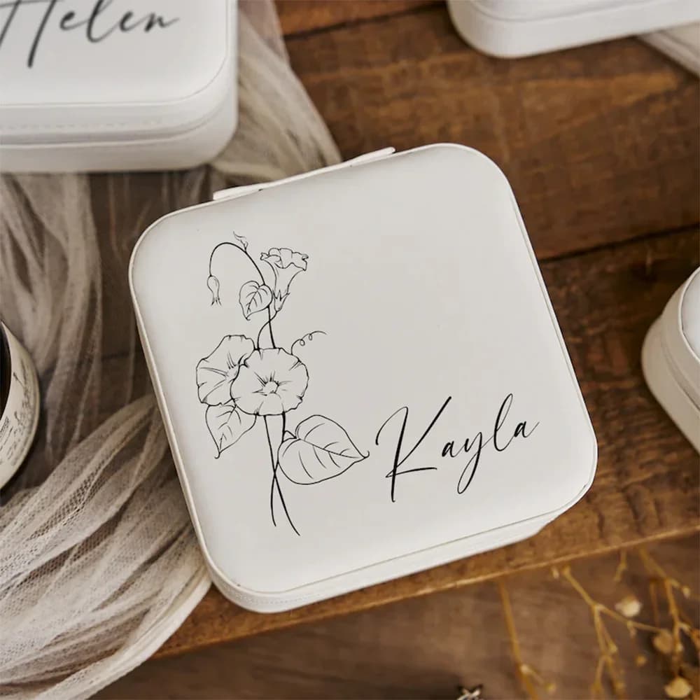 Étui à bijoux personnalisé avec nom et Logo, boîte à bijoux personnalisée avec fleur de naissance, cadeau de saint valentin, cadeau personnalisé