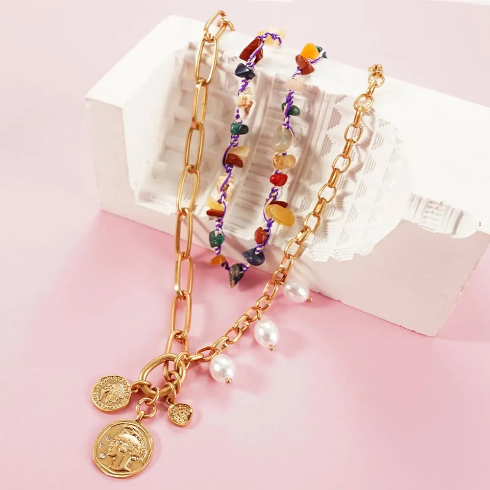Collier médaille en acier inoxydable pour femme, accessoires CoAdvantages, perles superposées, bijoux pendentif à deux tons, accessoires de mode, JOFashion