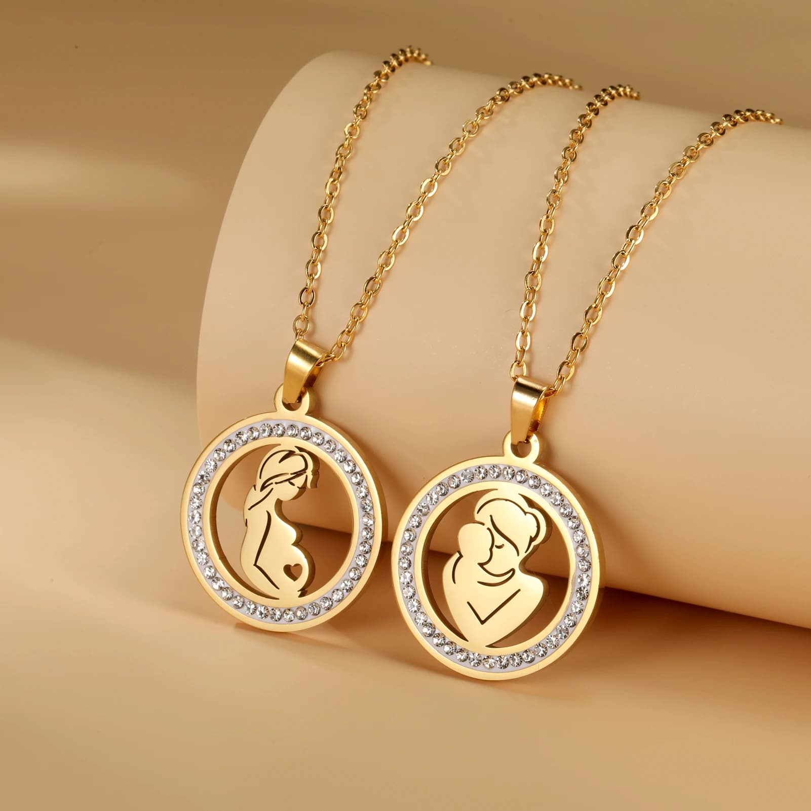 Collier pendentif rond en Zircon transparent pour maman et bébé
