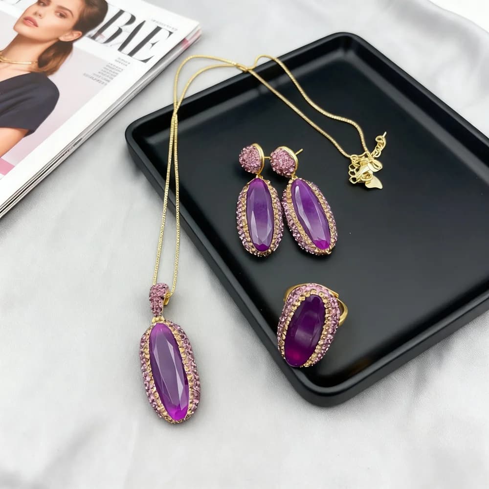 Ensemble de bijoux Vintage en Jade malais naturel violet pour femmes