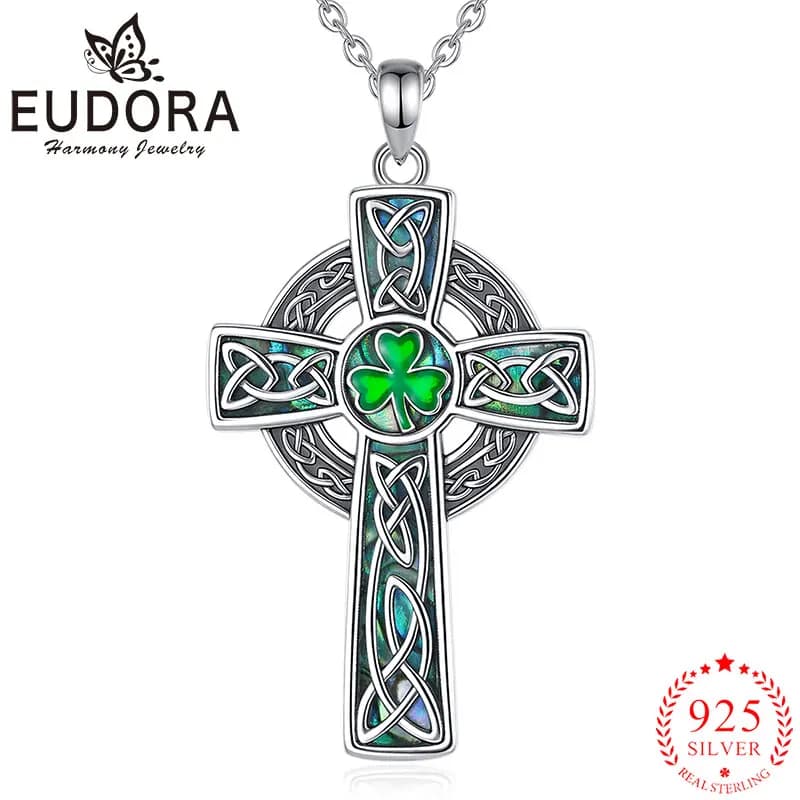 Eudora 925 argent Sterling croix celtique collier coquille d'ormeau trèfle à quatre feuilles pendentif bijoux religieux cadeau pour femme hommes