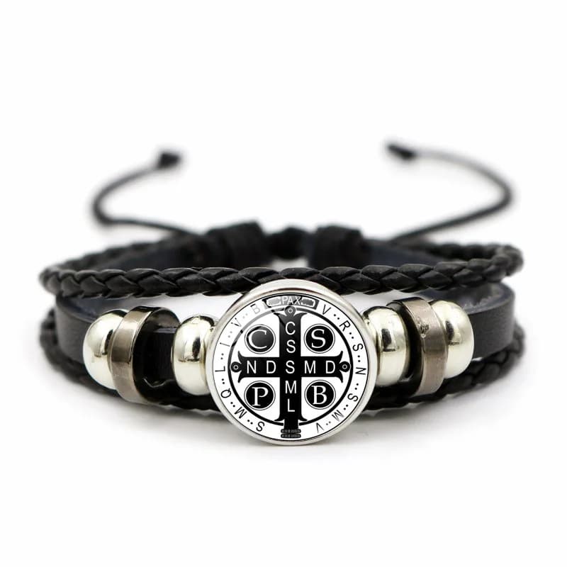 Bracelet en cuir avec médaille de Saint benoît, catholique, dôme en verre, boutons à pression, accessoires bijoux pour hommes et femmes