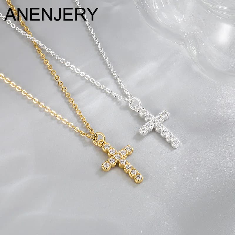 ANENJERY mode femme brillant Zircon croix pendentif collier pour femmes doré argent couleur chaîne bijoux accessoires en gros