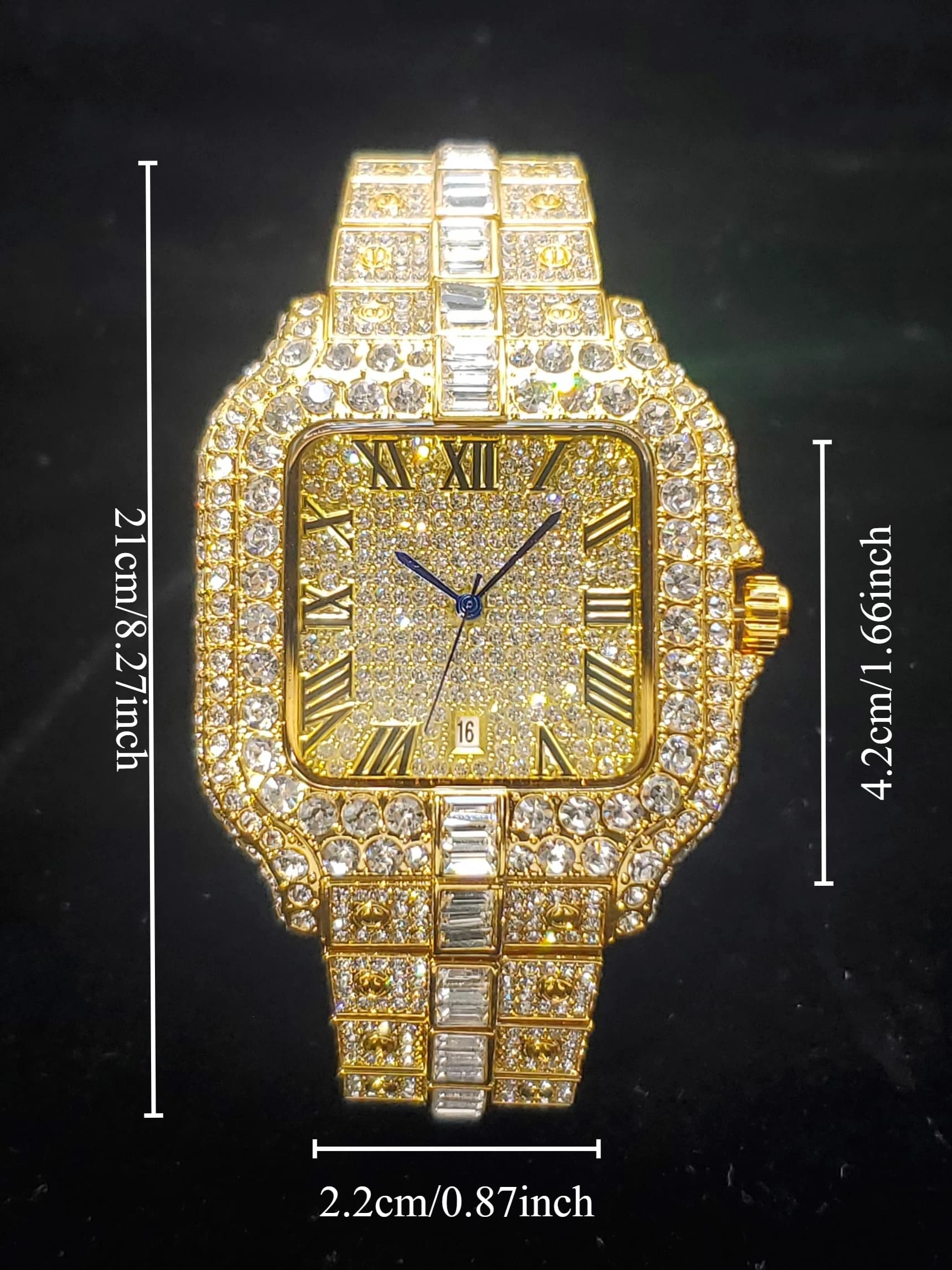 Montre en or diamant pour hommes, montre de luxe à Quartz en Zircon glacé avec calendrier à pointe bleue, horloge Hip Hop, bijoux, vente en gros
