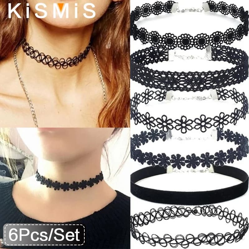 KISMIS 6 pièces/ensemble noir dentelle Sautoirs collier ensemble Vintage gothique Punk élastique collier femmes bijoux 1 ensembles