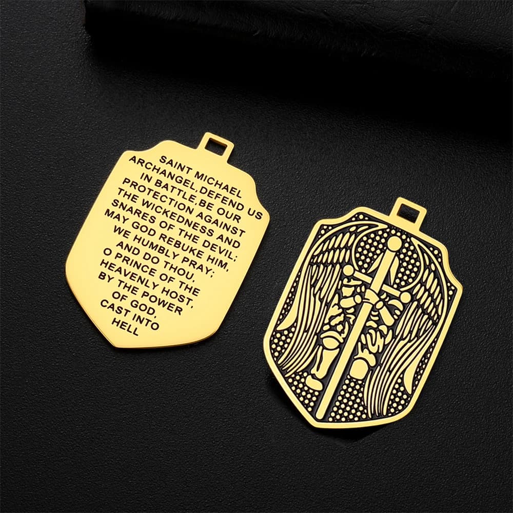 Pendentif bouclier Saint Michael archange avec prière, bijoux religieux chrétien catholique pour hommes, amulette de Protection spirituelle