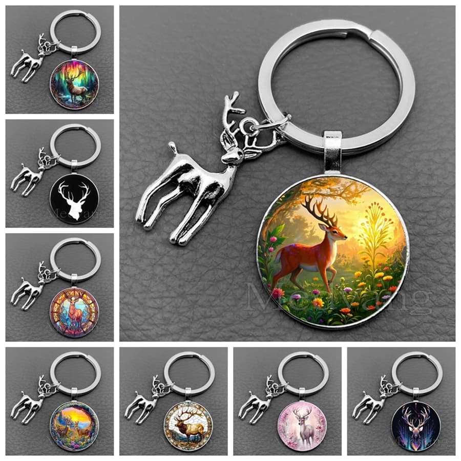 Porte-clés renne Elk de haute qualité, beau motif de cerf tacheté, porte-clés en verre pour femmes, bijoux animaux, cadeau