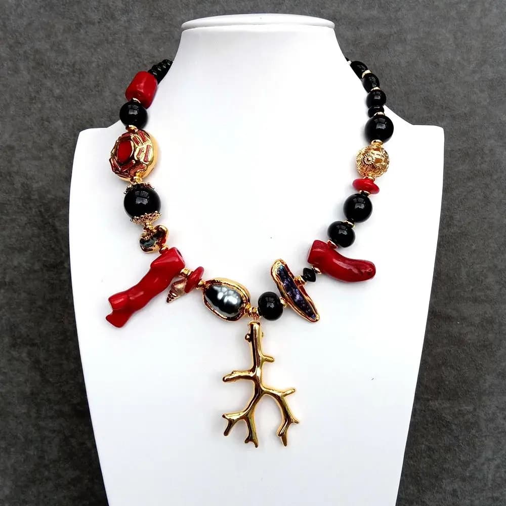 Y.YING – collier Biwa noir perle rouge corail Onyx, collier ras du cou à la mode pour femmes, cadeaux