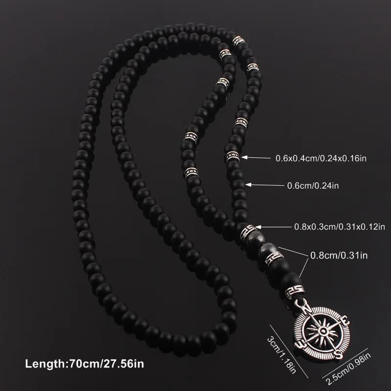 Collier en obsidienne noire mate de 6mm avec pendentif boussole pour hommes, bijoux faits à la main