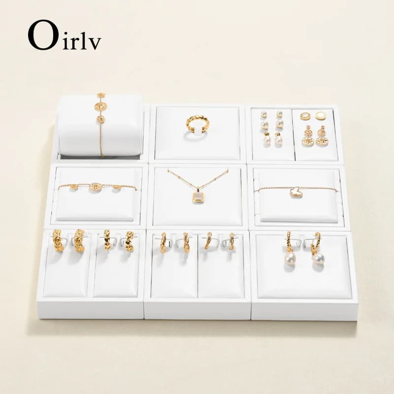 Oirlv-Ensemble d'affichage de bijoux en cuir blanc, vitrine d'armoire de magasin, accessoires d'affichage de collier, buste de bijoux, boucles d'oreilles et bracelet