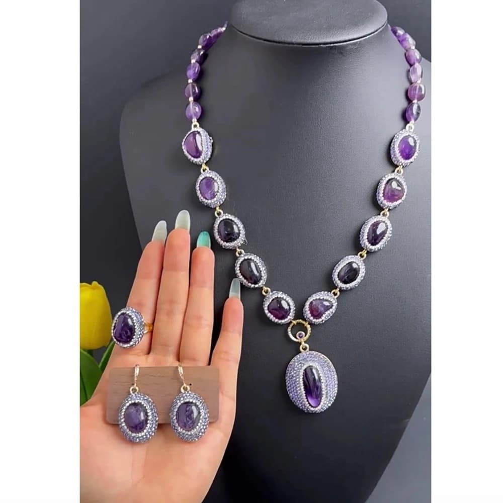 Ensemble de bijoux de luxe en améthyste brute, quatre pièces exquises, bijoux en cristal incrusté de strass faits à la main pour femmes, mariage