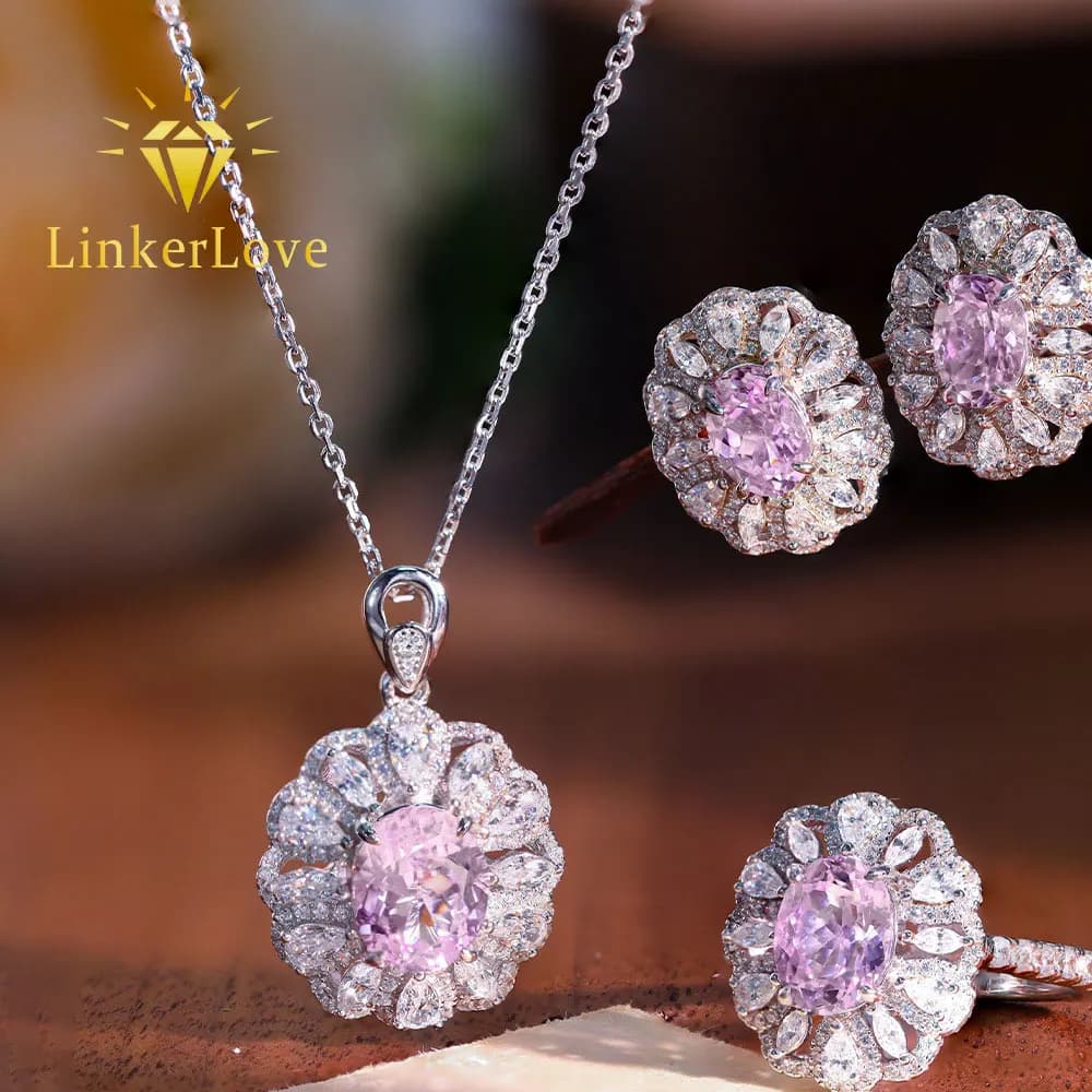 Ensemble de bijoux LinkerLove en argent S925 avec morganite rose pour femme, collier ovale halo, boucles d'oreilles, bague, ensemble de mariage, bijoux pierre de naissance de juin