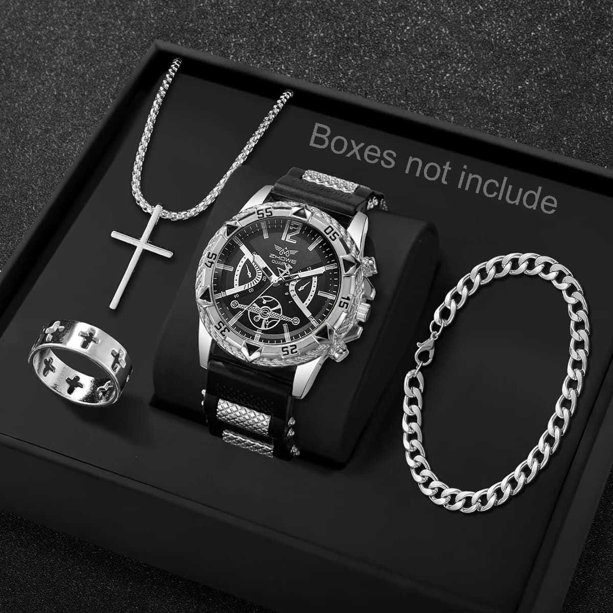 Kit de montre sport de luxe pour homme avec cadran ajouré et accents dorés, montre-bracelet et bijoux assortis, cadeau idéal pour garçons