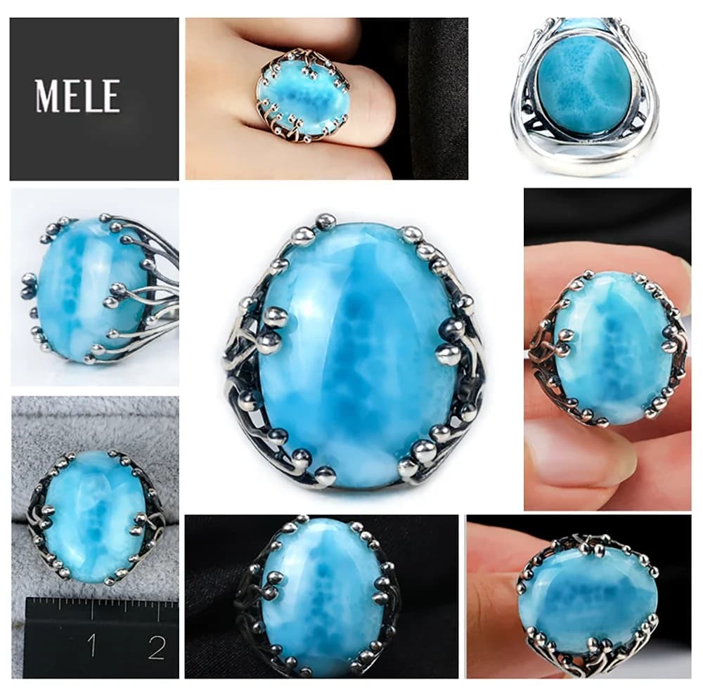 Bague naren argent 925 Larimar naturel pour hommes et femmes, bague bleue, bijoux fins, bague d'ouverture, conception 215