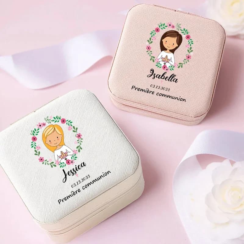 Boîte à bijoux personnalisée avec nom pour filles, boîtes de rangement pour bagues et colliers, cadeau de fête de première Communion, étui à bijoux de voyage
