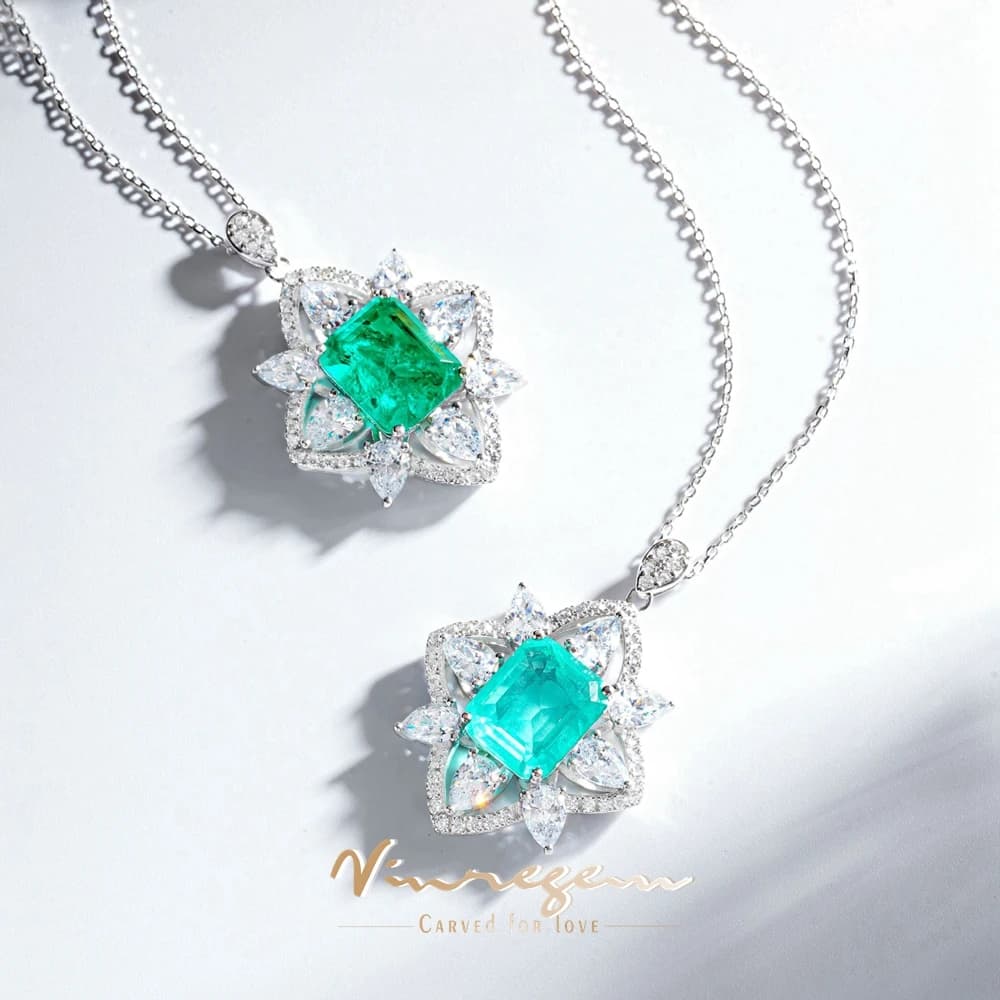 Vinregem émeraude Paraiba Tourmaline haute teneur en carbone diamant gemmes pendentif colliers solide 925 en argent Sterling bijoux fins en gros