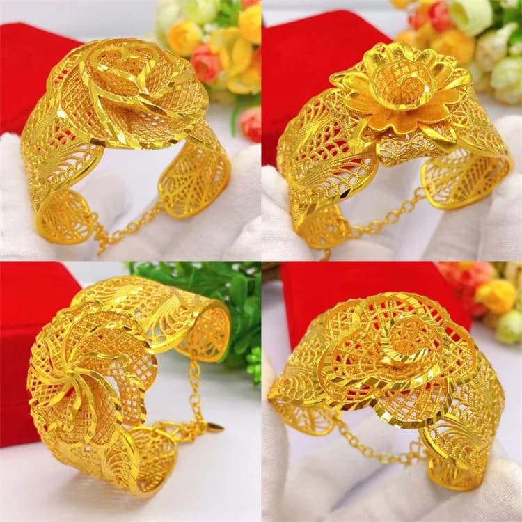 Bracelet pour femme en or 24 carats avec chaîne vietnamienne et fleur - Design ouvert + artisanat micro-incrustation de