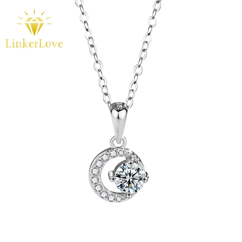 Collier pendentif lune en moissanite en argent sterling S925 LinkerLove pour femme, plaqué or blanc, chaîne délicate pour clavicule, cadeau de bijoux