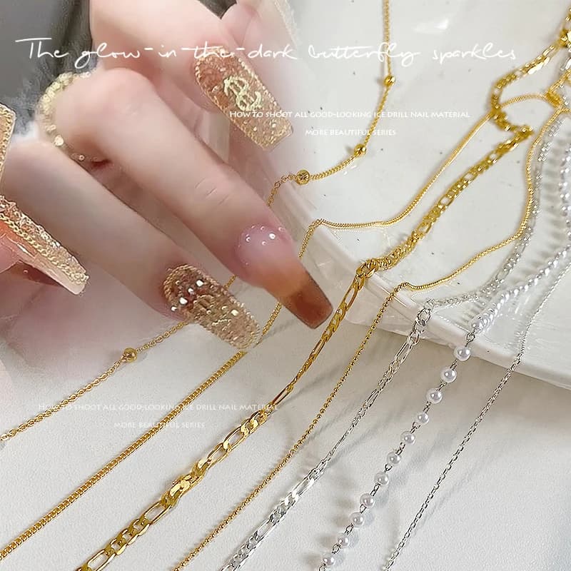 Chaînes à ongles or argent perles de pierre à ongles 60cm décor 3D alliage Style Punk décoration d'ongles bijoux d'ongles accessoires de charme d'ongle