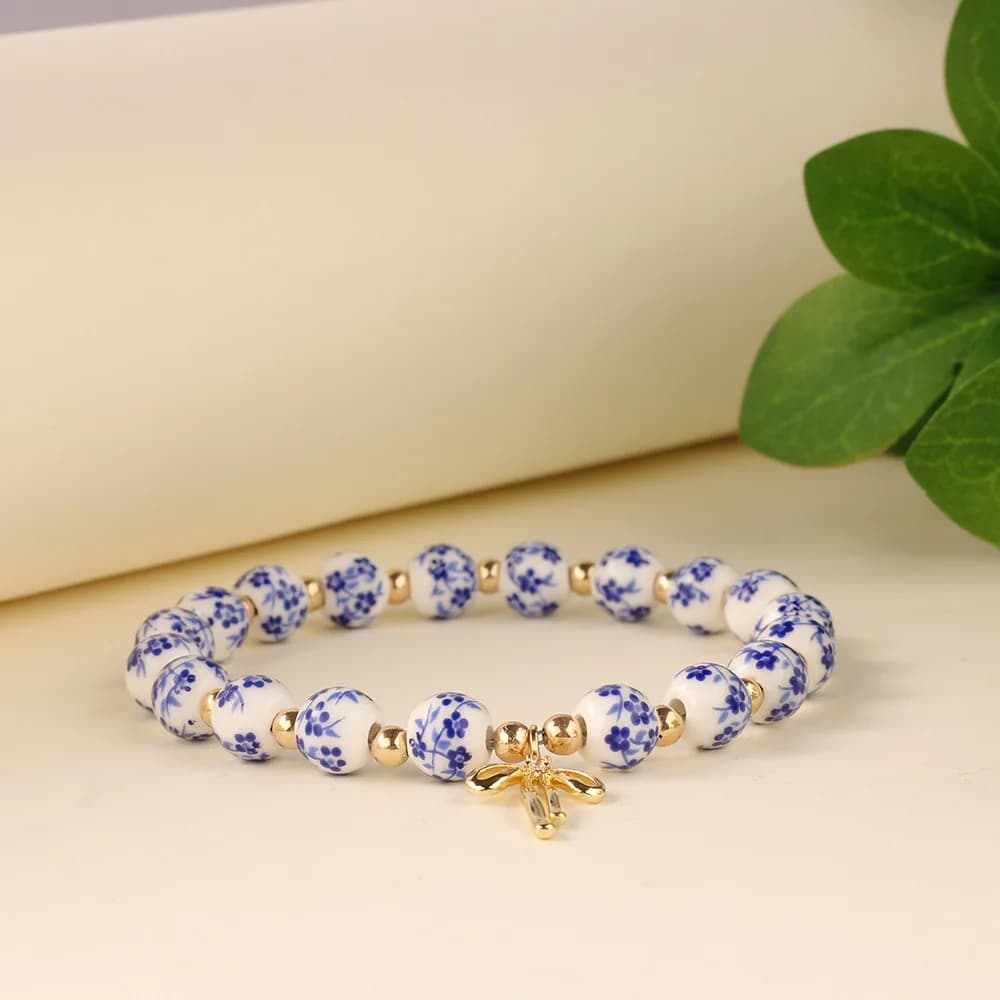 Bracelet chinois en porcelaine bleue et blanche, breloque avec nœud en céramique, peinture à l'encre inspirée, Style Oriental élégant, bijoux à la mode quotidienne