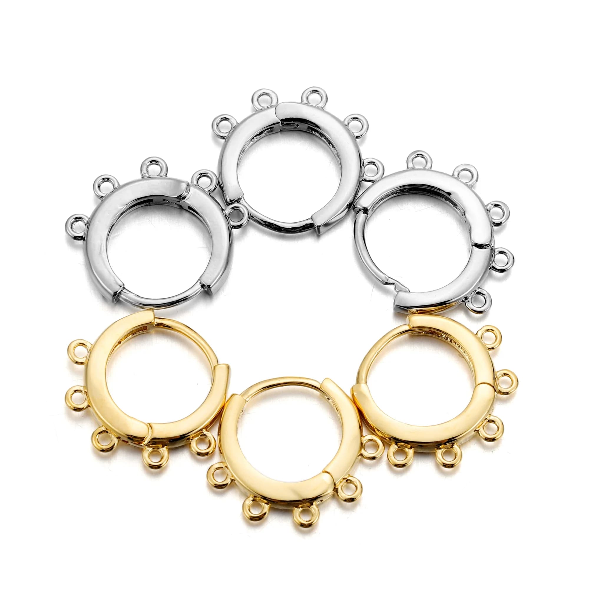 Boucles d'oreilles créoles en or 18 carats, fil d'oreille arrière à levier français rond, clic-dessus léger, fournitures de bijoux à bricoler soi-même, 5 trous, 13mm, 8 pièces