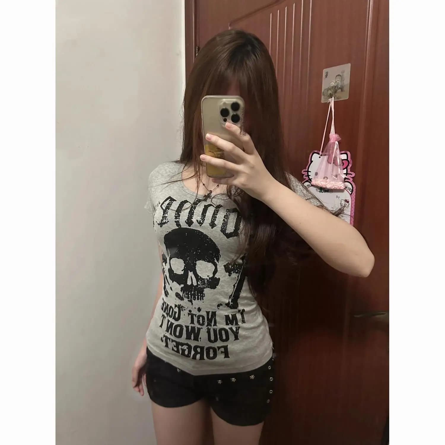 Crâne lettres t-shirt 2025 été imprimer Vintage vêtements américain rétro mince nouveaux T-shirts à manches courtes épicé haut pour fille