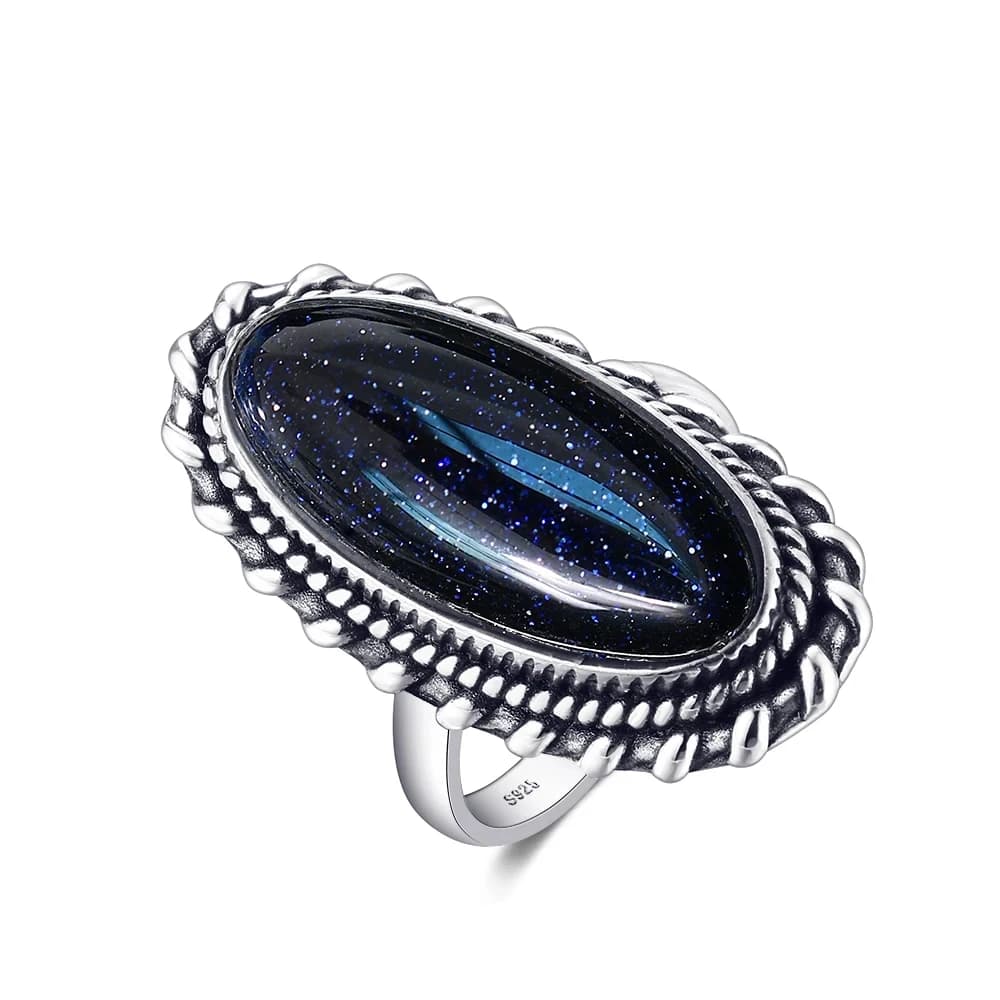 Bague rétro en argent, bijoux Vintage en pierre de grès bleue, grande pierre de luxe élégante, cadeau fin pour femmes et hommes
