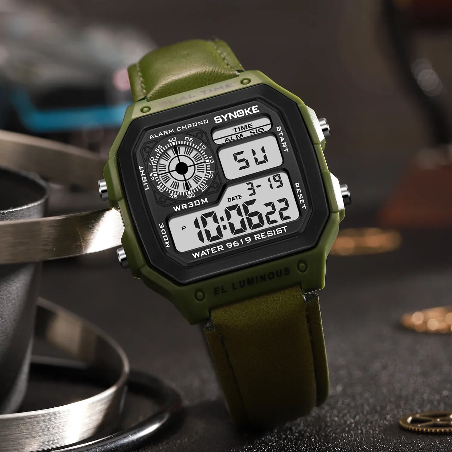 Montre électronique étanche avec bracelet en cuir pour homme, réveil multifonction, sports de plein air