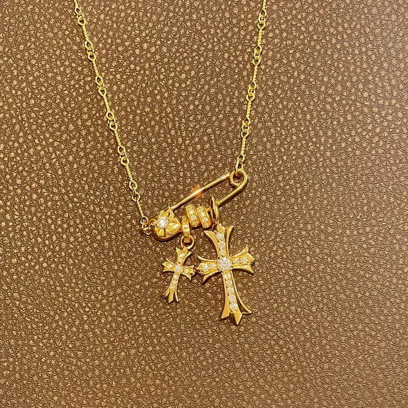 Collier avec pendentif Double croix pour femmes, diamants colorés, Vintage Hip Hop, chaîne de pull pour Couple