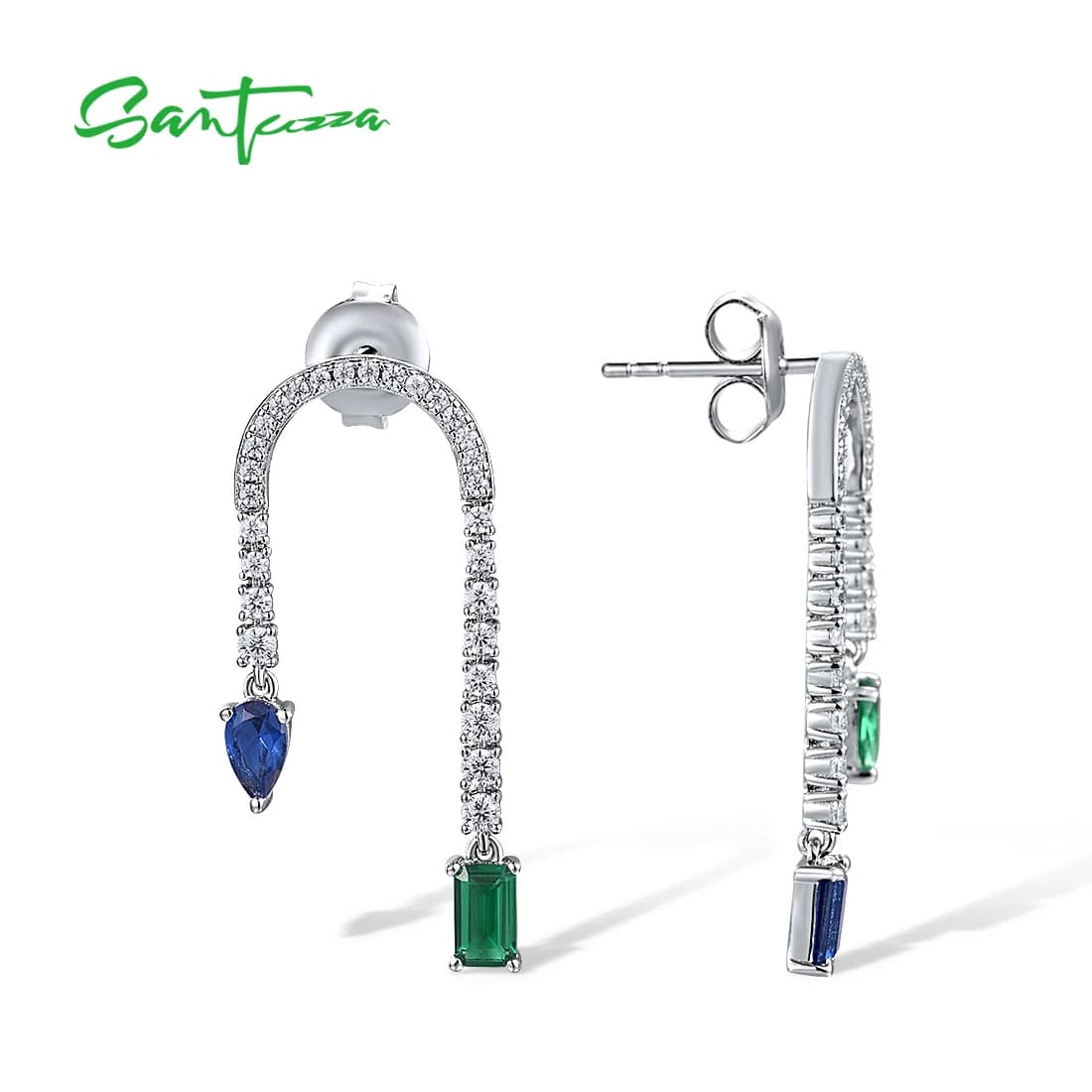 SANTUZZA-Boucles d'Oreilles en Argent Sterling 925 group pour Femme, Bijoux Fins Chics pour Travailleurs de Mariage, Pierre Bleue et Verte de Rotterdam