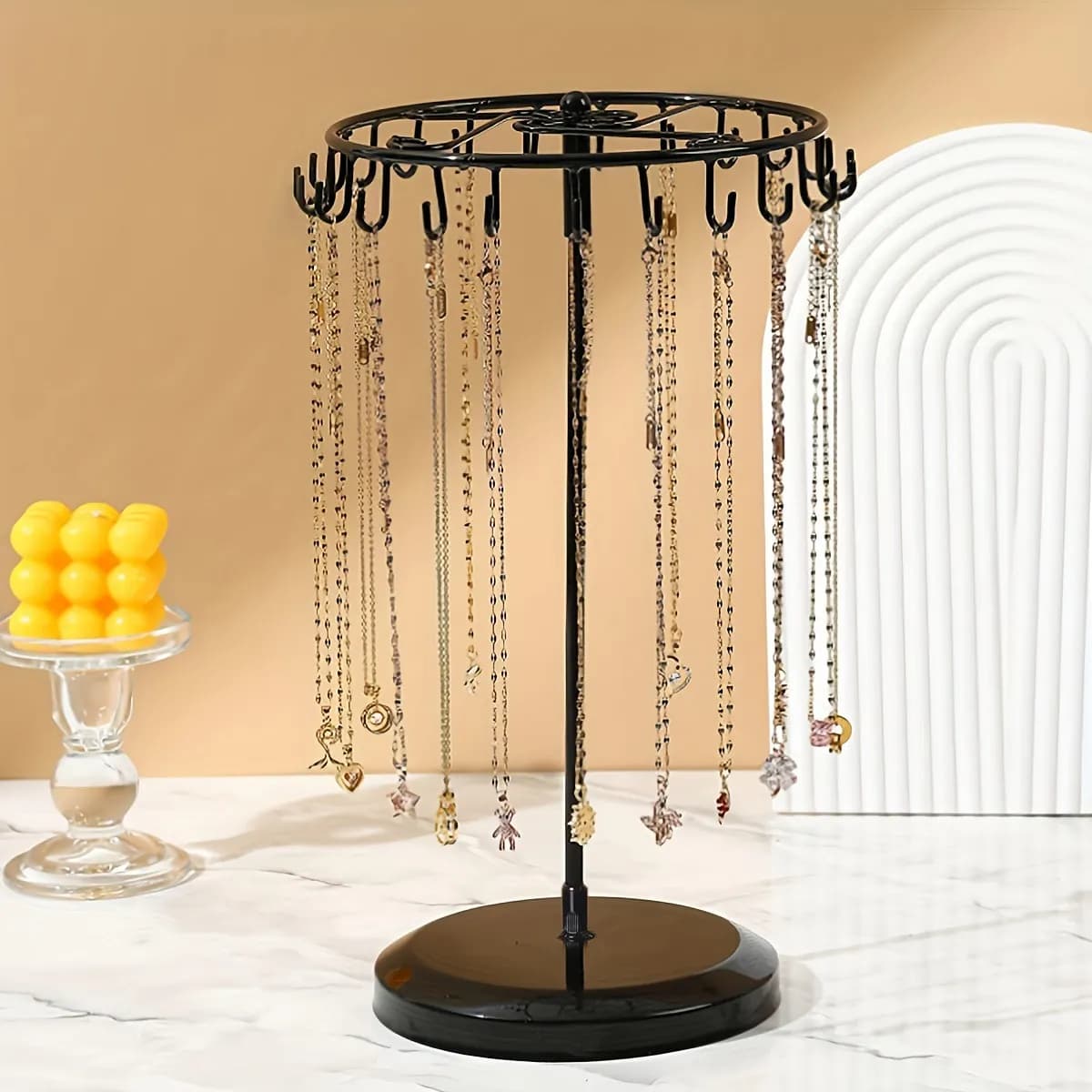 1 support à bijoux en fer, présentoir rotatif pour colliers avec 23 crochets, support de rangement pour bijoux, adapté aux boucles d'oreilles, aux bracelets, etc.