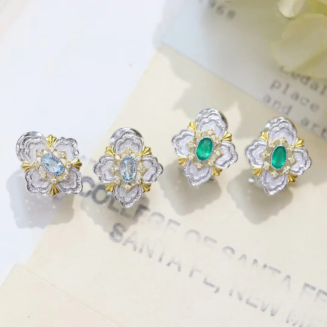 Brach Style 925 argent or topaze naturelle et Agate verte boucles d'oreilles fleur ornée bijoux d'inspiration Vintage bijoux de luxe