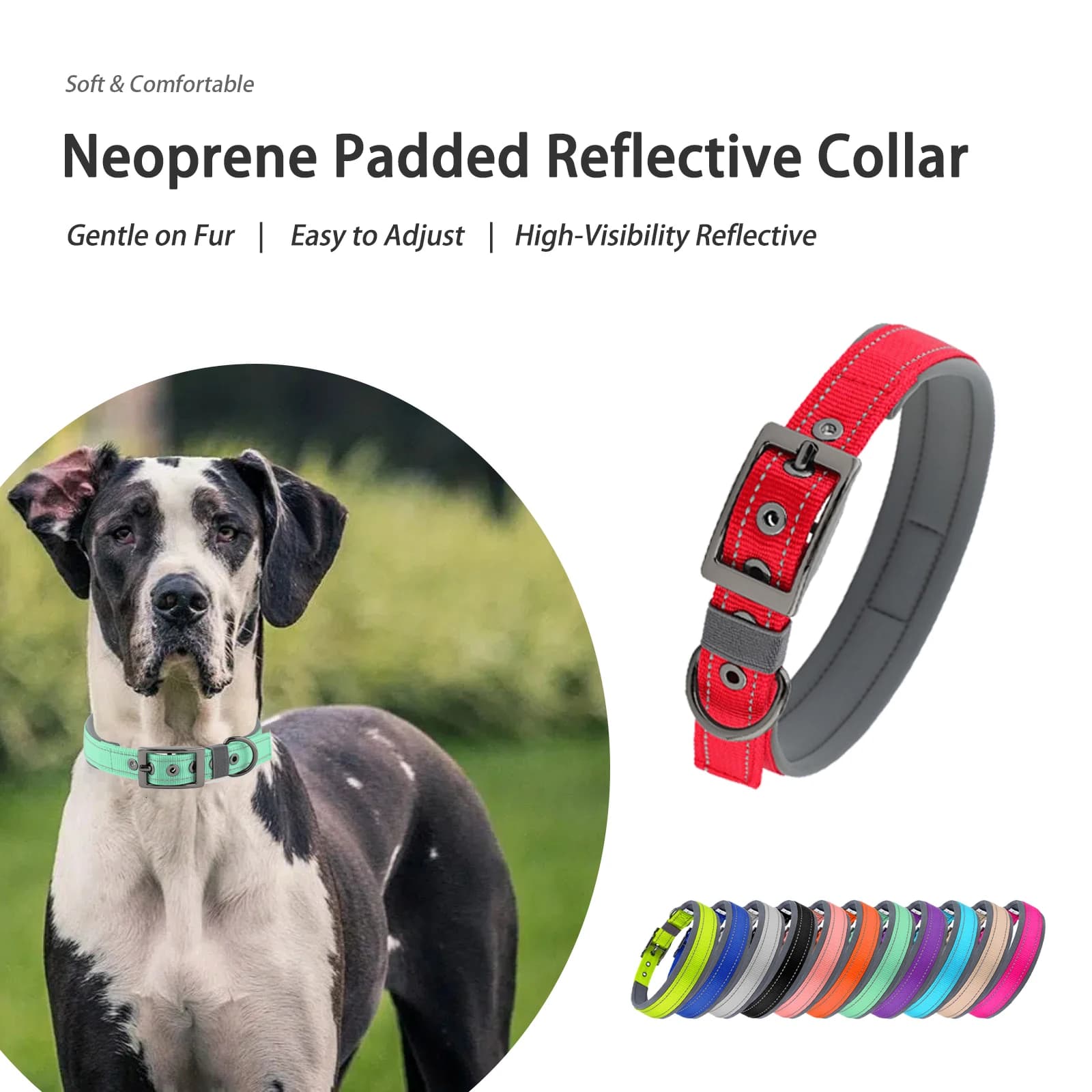 Collier pour chien de grande taille, rembourré en néoprène, réglable, réfléchissant, large, robuste, avec boucle en métal durable.
