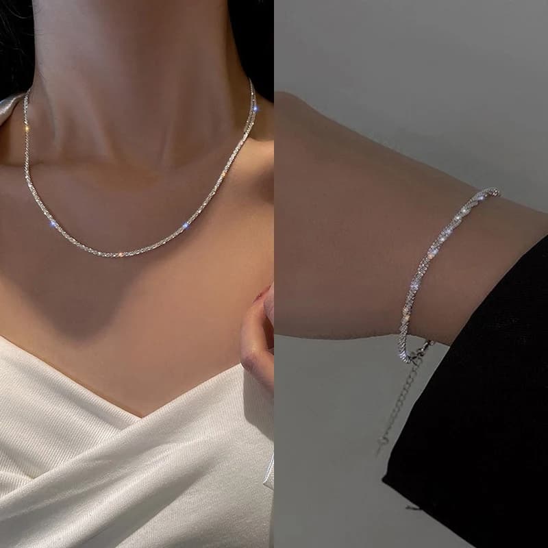Ensemble de colliers et bracelets scintillants brillants pour femmes et filles, chaîne de clavicule plaquée argent minimaliste, accessoires de bijoux ciel étoilé