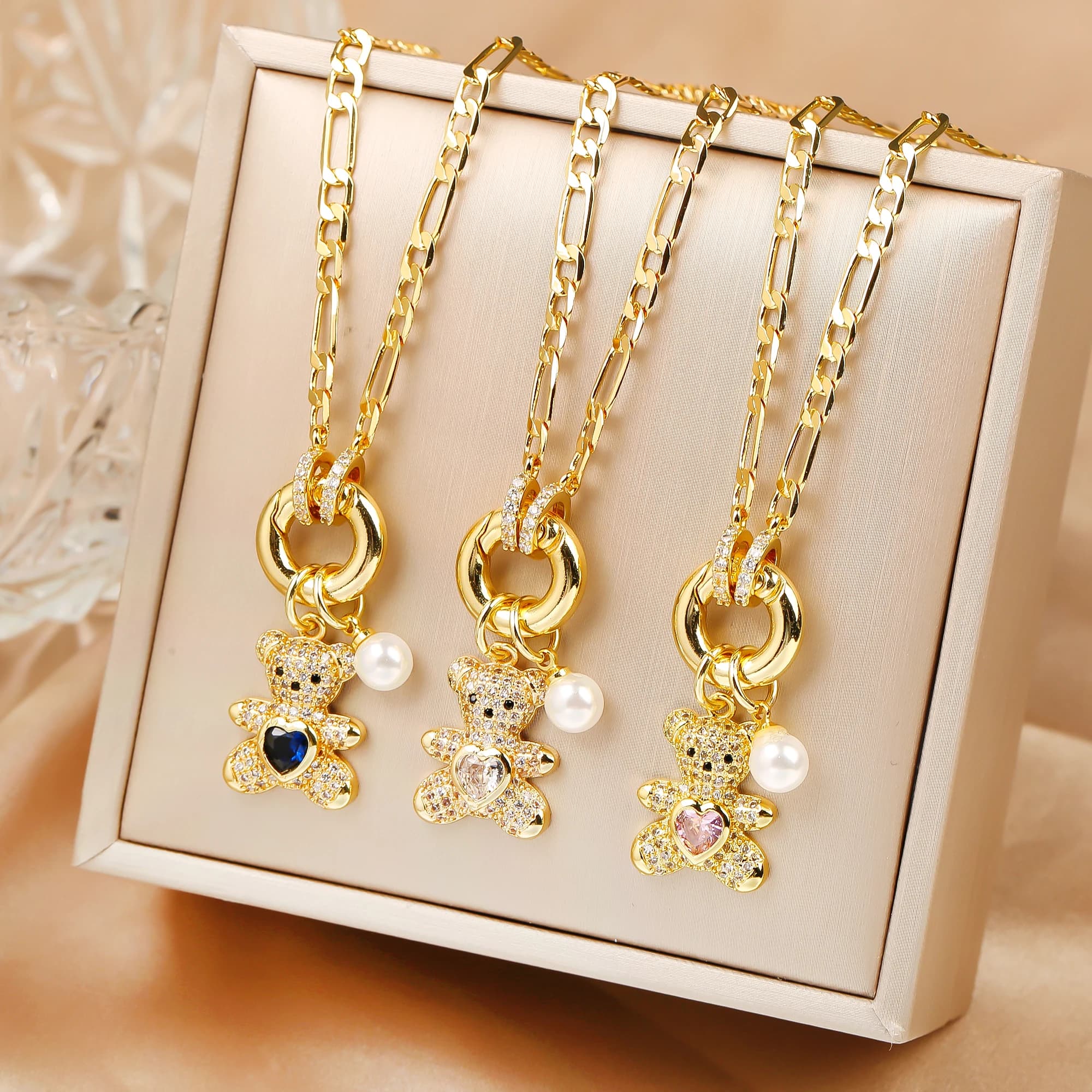 Haute qualité brillant cristal zircone Animal mignon ours pendentif collier ras du cou pour femme fille vacances serrure os chaîne bijoux cadeau