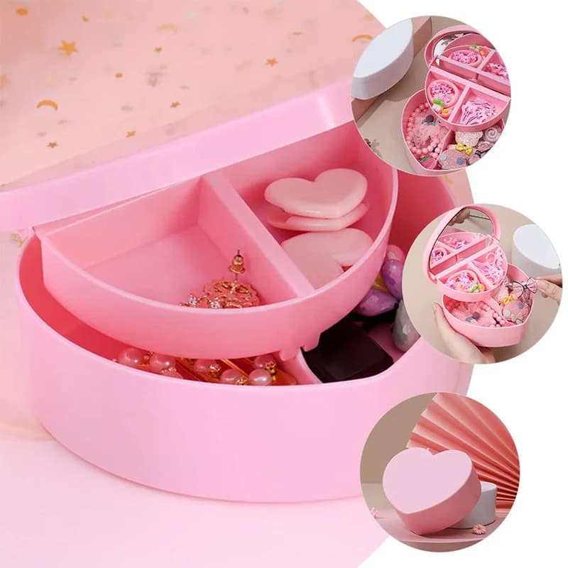 Boîte à bijoux en forme de cœur avec miroir de maquillage, présentoir à bijoux, boîte à colliers pendentif, peut contenir des boucles d'oreilles, des bagues et des bracelets, 1 pièce