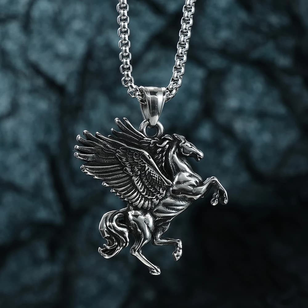 Collier pendentif mythologie grecque cheval ailé rétro Style Hip Hop boîte en acier inoxydable chaîne cou bijoux pour hommes femmes cadeaux