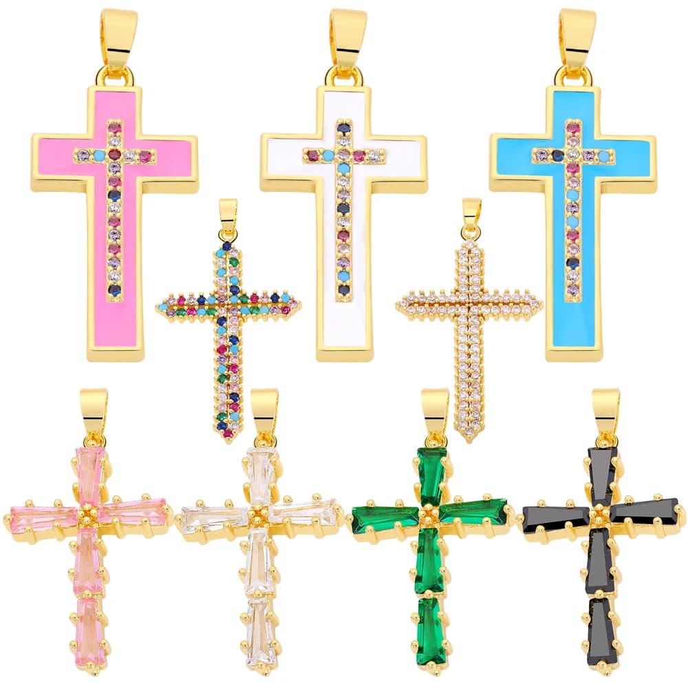Juya 18K véritable plaqué or émail cubique zircone croix chrétienne breloques pour bricolage religieux noël pendentif chapelet fabrication de bijoux