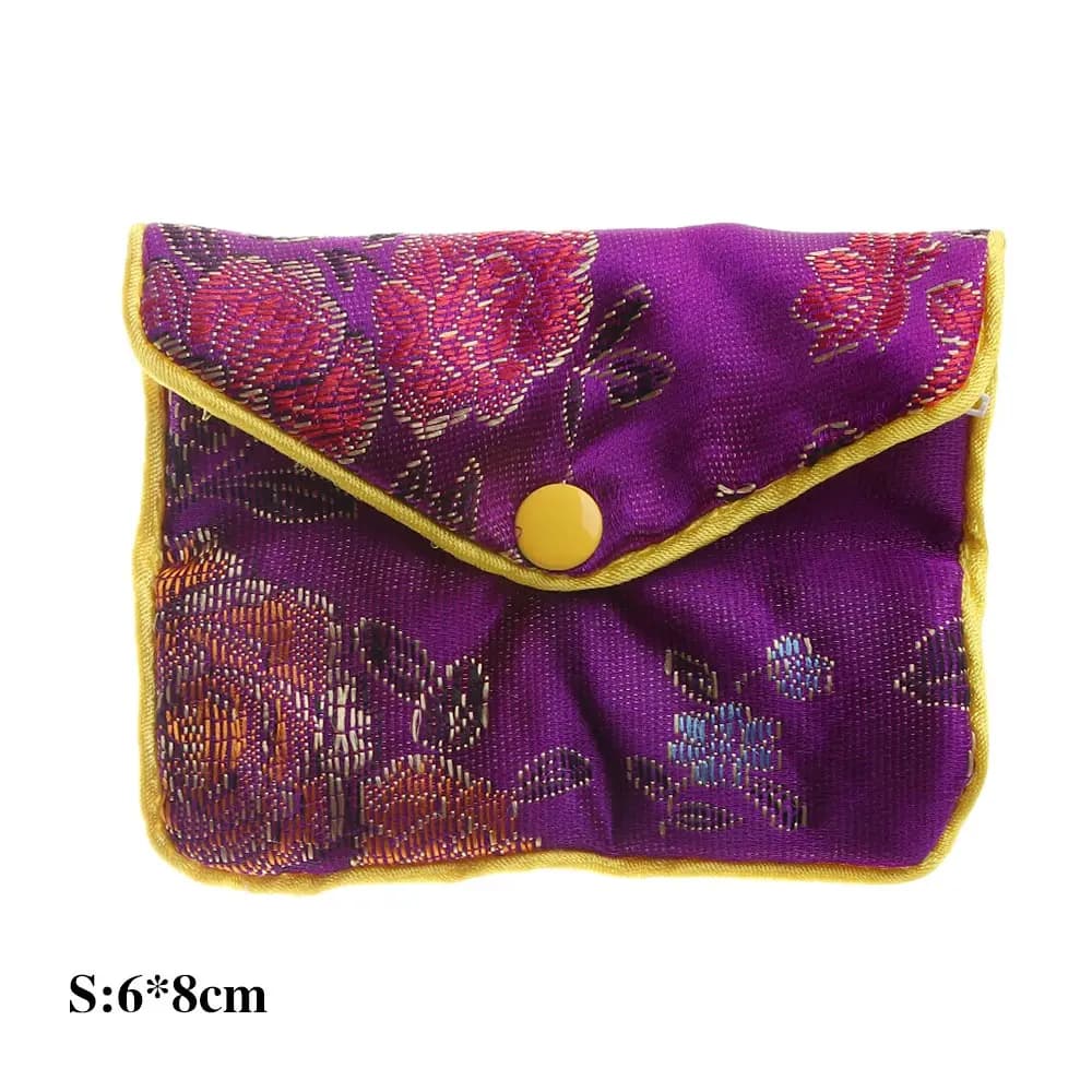 Sac à bijoux en brocart chinois brodé de soie, fait main, avec fermeture à bouton-pression, pour rangement de bijoux, colliers et portefeuilles