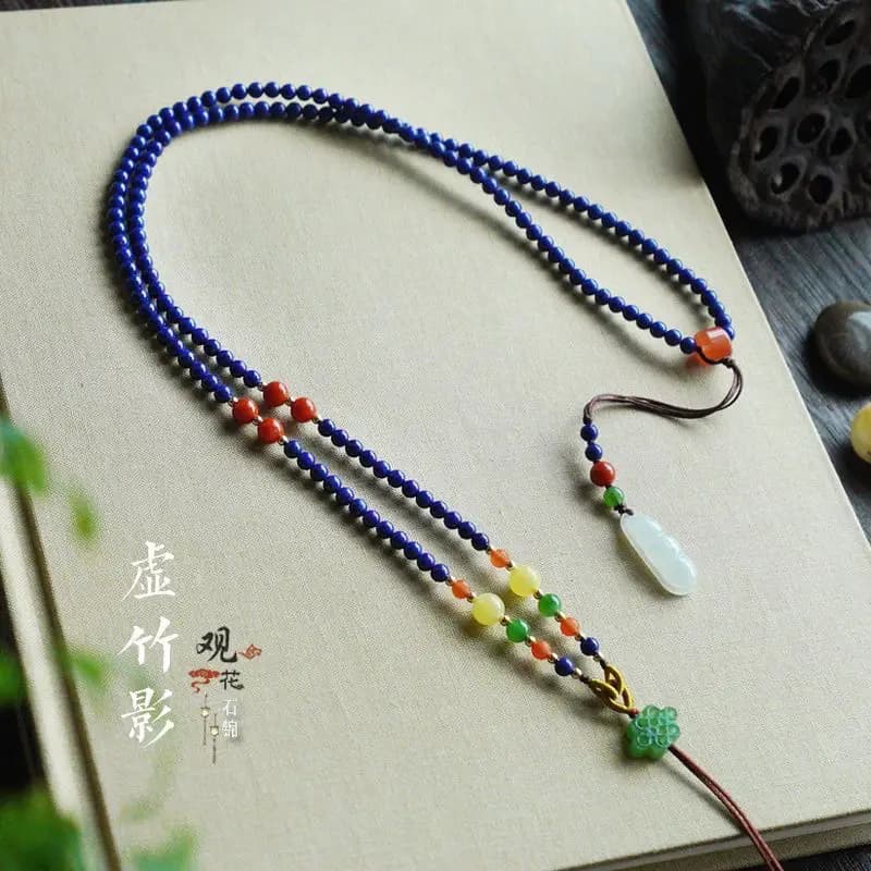 Pendentif Lapis Laurel naturel 5A, lanière originale, chaîne de perles tressées à la main, collier Turquoise, cire d'abeille, chaîne en laine, bijoux