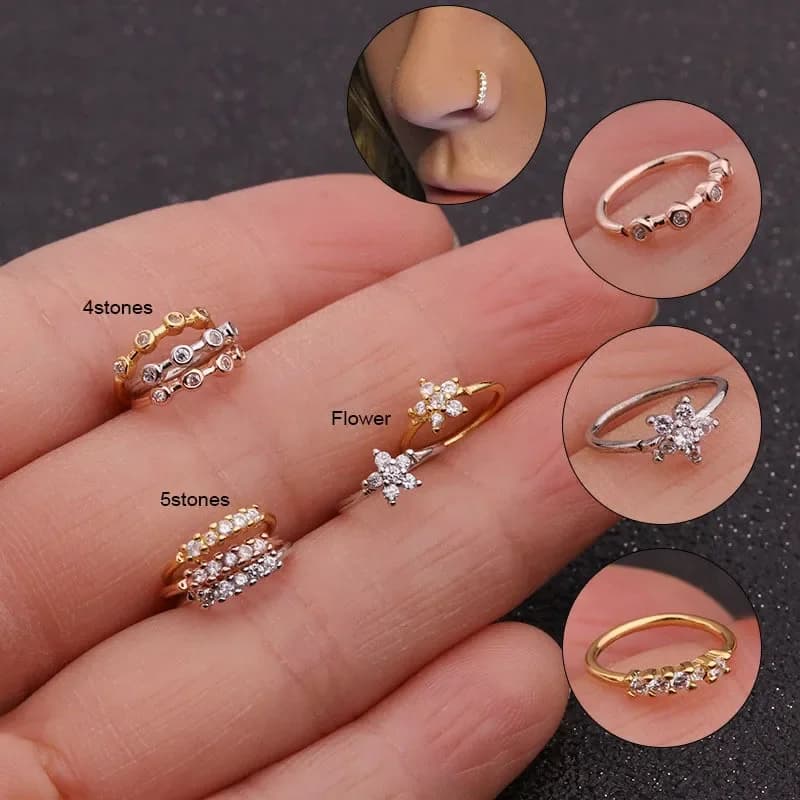 Anneaux de nez en zircone cubique pour femmes, 1 pièce, cerceau de fleur pliable, Tragus, oreille, Cartilage, boucle d'oreille, bijoux de perçage du nez