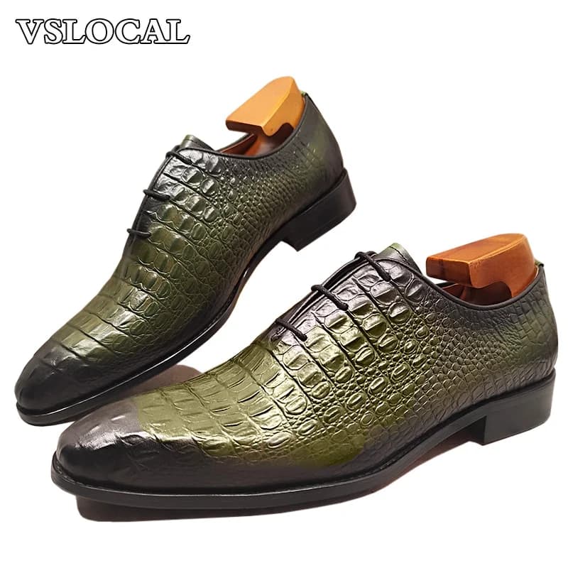 Hommes de luxe Oxford chaussures vert noir Croco imprimer décontracté hommes chaussures habillées à lacets bureau de mariage chaussures en cuir véritable hommes
