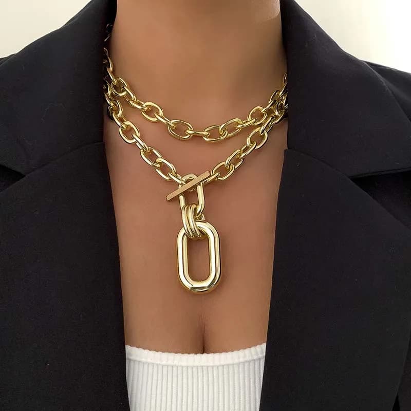 Grand pendentif elliptique couleur or exagéré pour femmes, Punk Hip Hop, chaîne épaisse en métal, boucle OT, bijoux cadeau