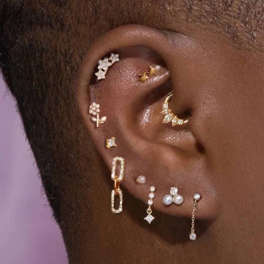 Boucle d'oreille Piercing Helix Lobe, 1 pièce, fleur en Zircon, chaîne pendante, Tragus Rook, accessoires de Cartilage, couleur or, bijoux pour femmes